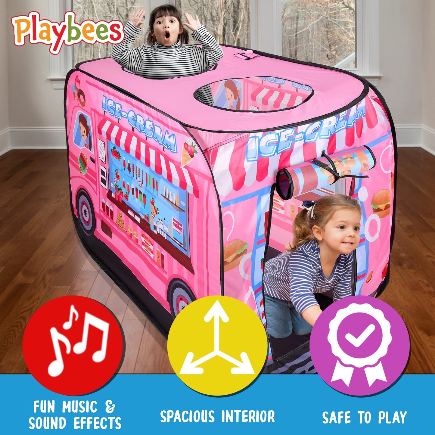 Playbees Musical Ice Cream Truck Pop Up Play Tent With 3 Openings - Tent For Toddlers - Indoor & Outdoor - Pop Up Tents For Kids