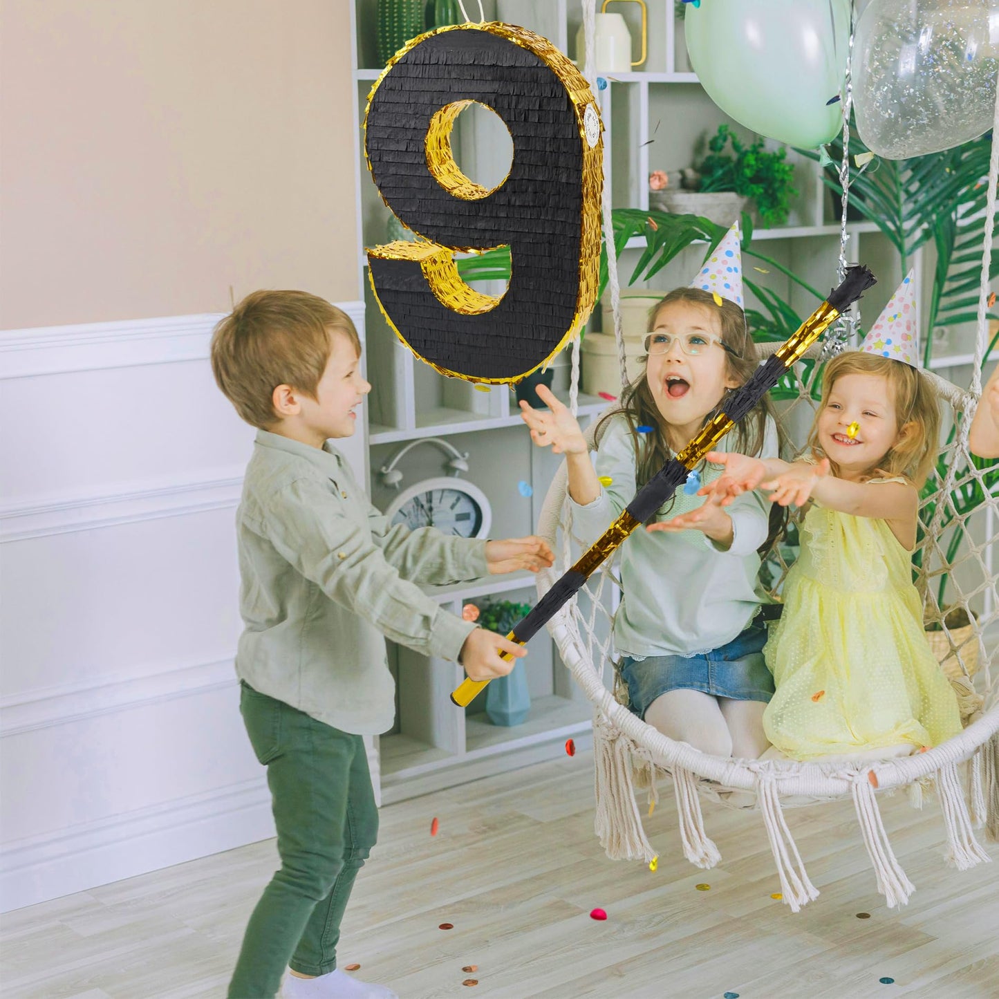 PCFING 20 Inch Number 9 Piñata - Gold & Black with Stick, Blindfold & Confetti for Birthday Parties & Celebrations
