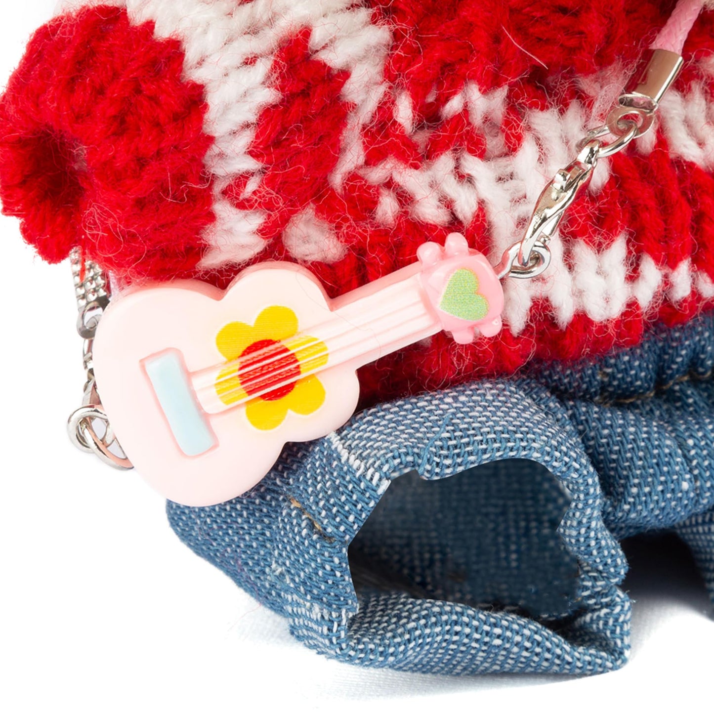 17cm Doll Clothes 5 Pieces - Kawaii Chic Style Set for 17cm Dolls Cute Doll Outfit with Accessories - Grey Bear Ears Hat + Red Sweater + Blue Jeans + Glasses + Small Guitar (NO Doll)