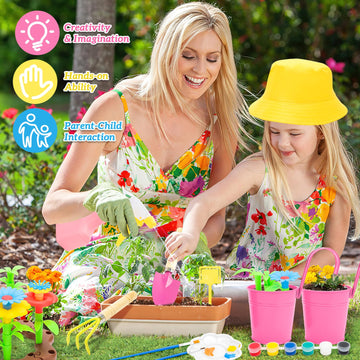 deAO Kids Gardening Set Arts and Crafts for Kids Paint Garden Tools DIY Flower Building Toys with Shovel, Trowel, Rake, Water Ca