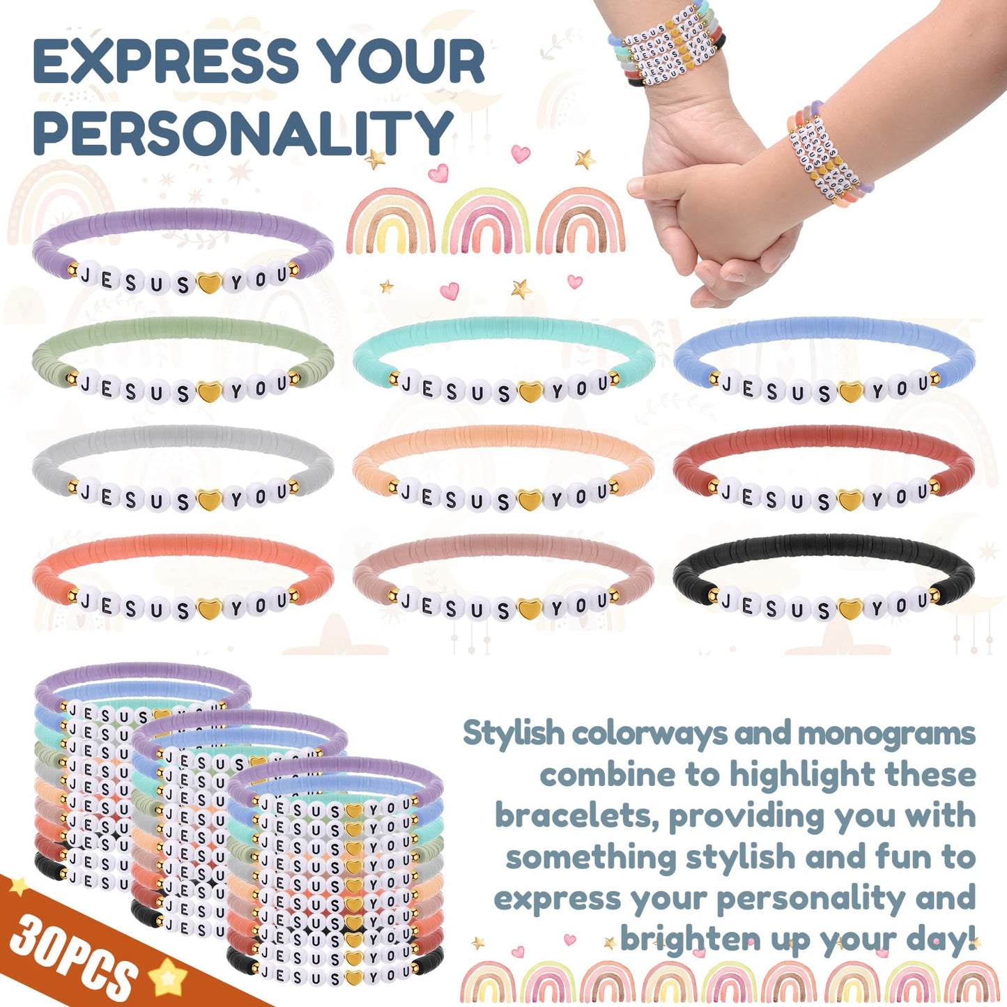 Landical 30 Pcs Jesus Loves You Bracelets Bulk Friendship Bracelets Clay Bead Christian Bracelets for Valentine Kids Religious J