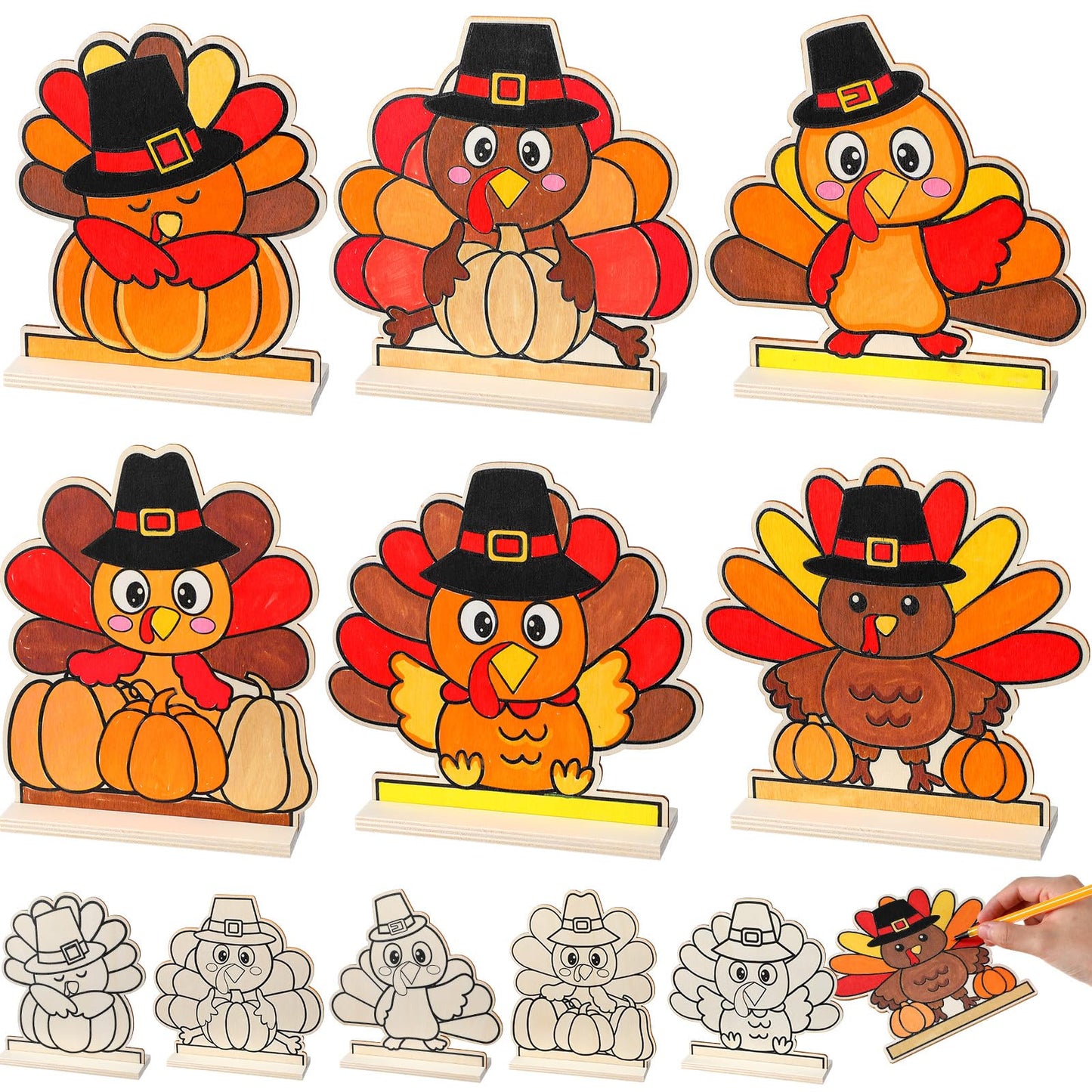 Yousoontic 24 Pcs Color Your Own Thanksgiving Turkey Tabletop Signs DIY Cute Turkey Wood Signs Thanksgiving Day Crafts Gifts for