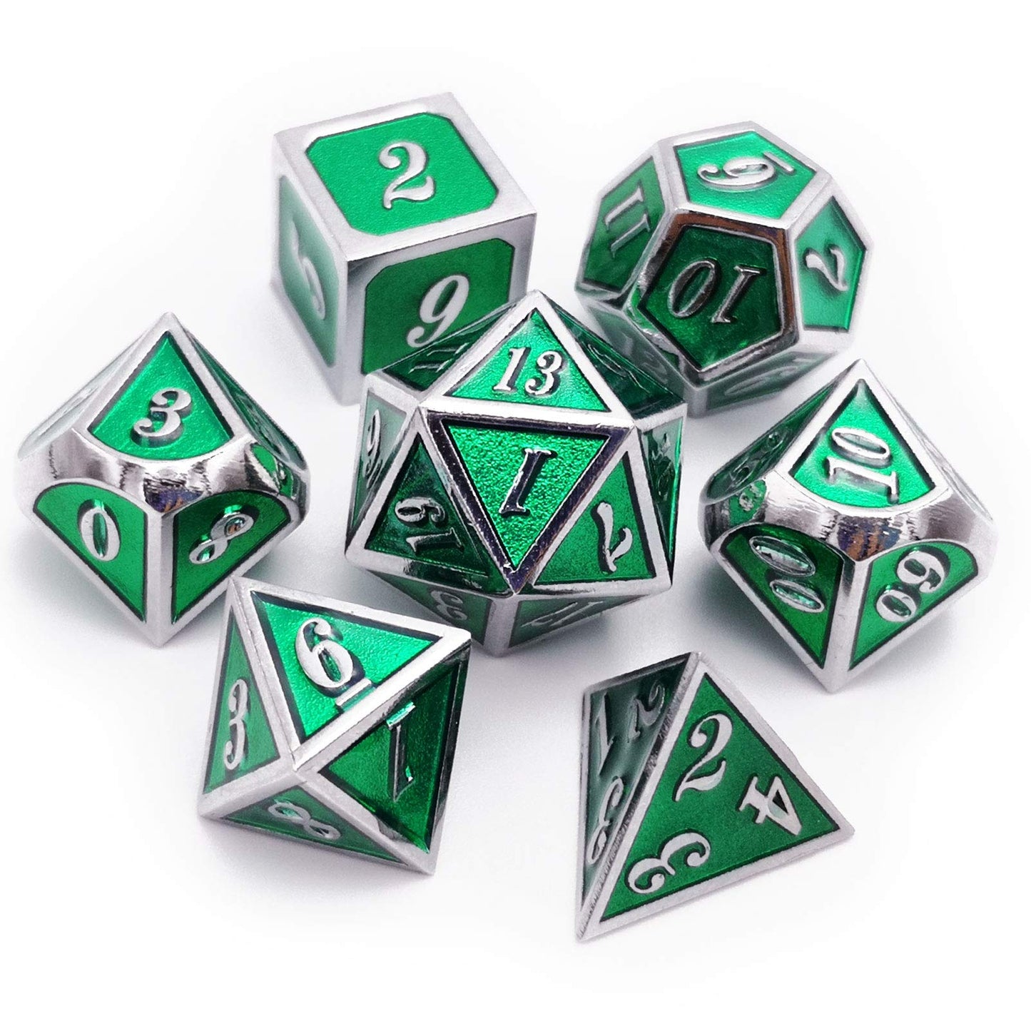 Haxtec 7 Die Metal DND Dice Set Green Elven Goblin D&D Dice Set for Dungeons and Dragons RPG Gaming-Silver Emerald Green Elvish