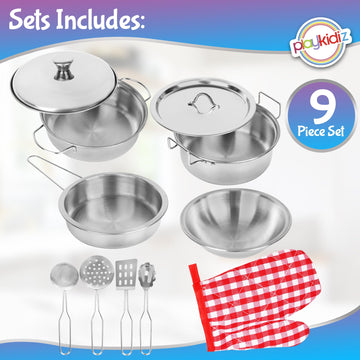 Playkidz Stainless Steel Pots and Pans - Toy Cookware 9 Piece Playset for Kids Pretend Play House - Great Birthday Gift for Girl