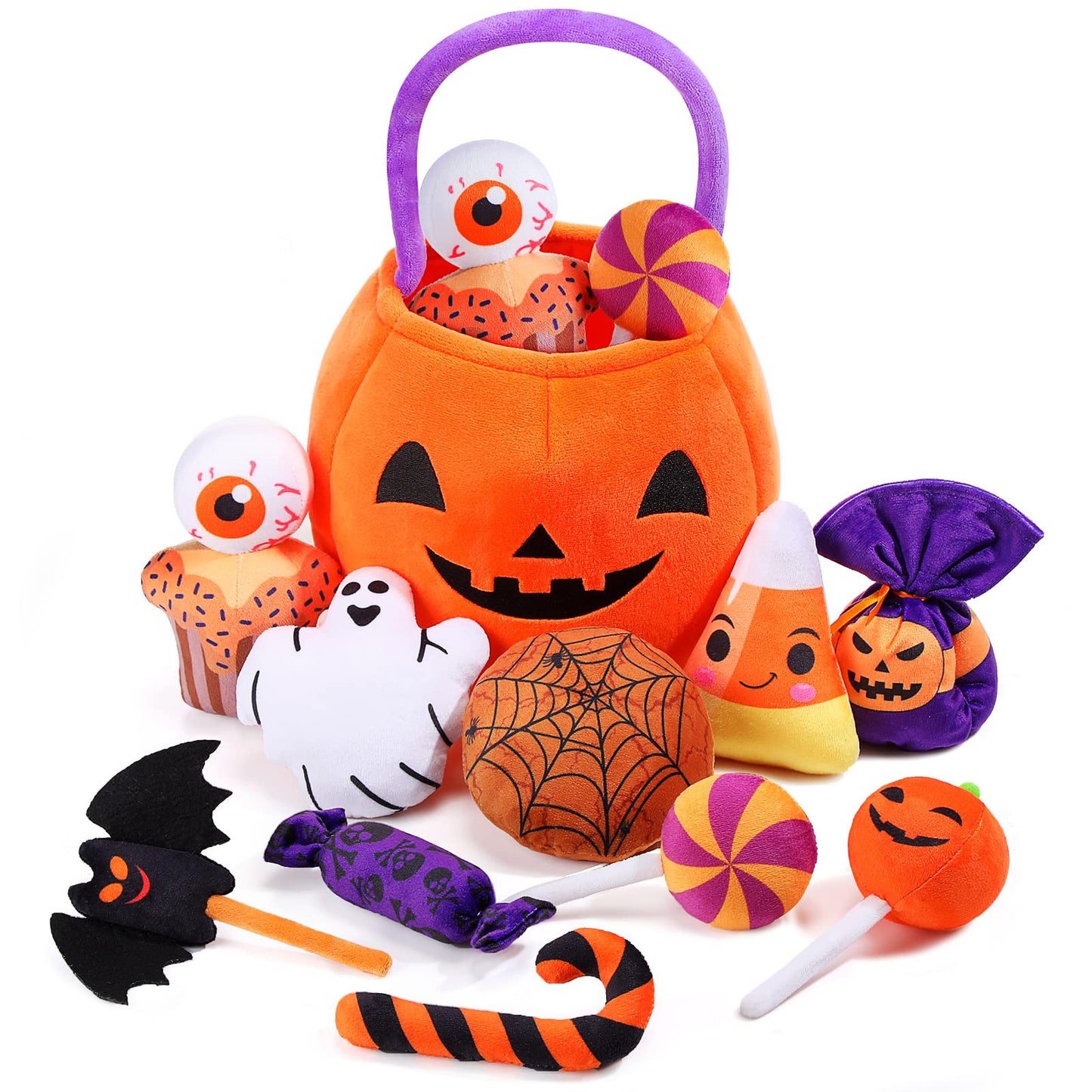 11 Pcs Halloween Pumpkin Set Halloween Plush Toys Stuffed Pumpkin Plush Ghost Candy Corn Bat Pumpkin Baskets Halloween With Hand