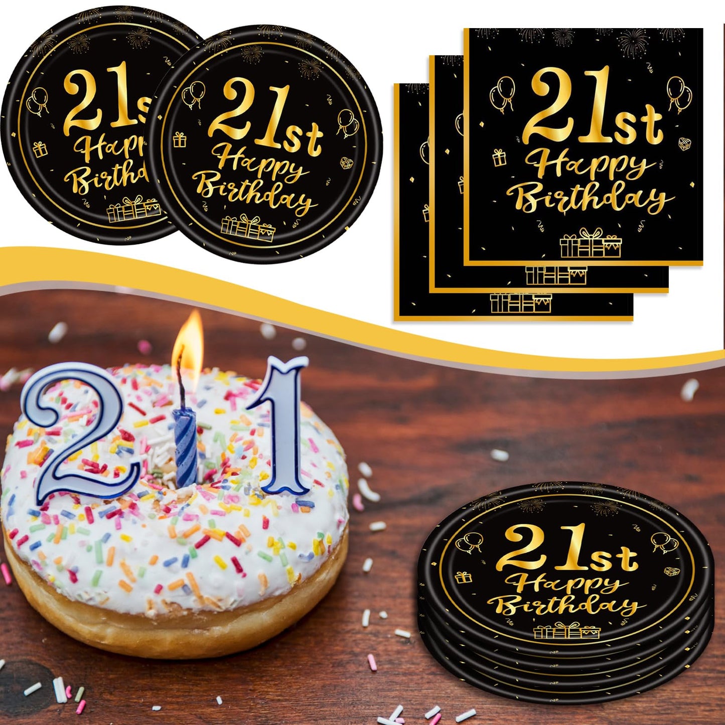 40 Pcs 21St Birthday Decorations Happy Birthday Decorations 21 Years Tableware Table Decorations Black Gold 21St Birthday Plates