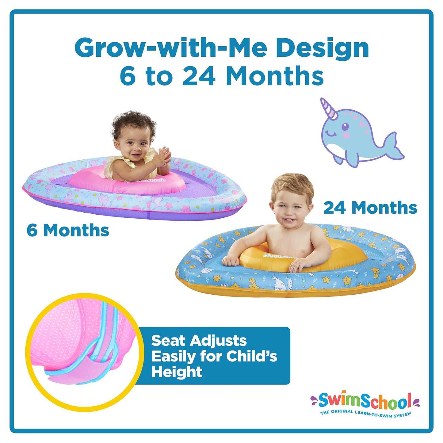 Swimschool Lil Narwal Baby Pool Float - 6-24 Months - Infant Swim Float With Splash & Play Activity Center And Safety Seat - Pin