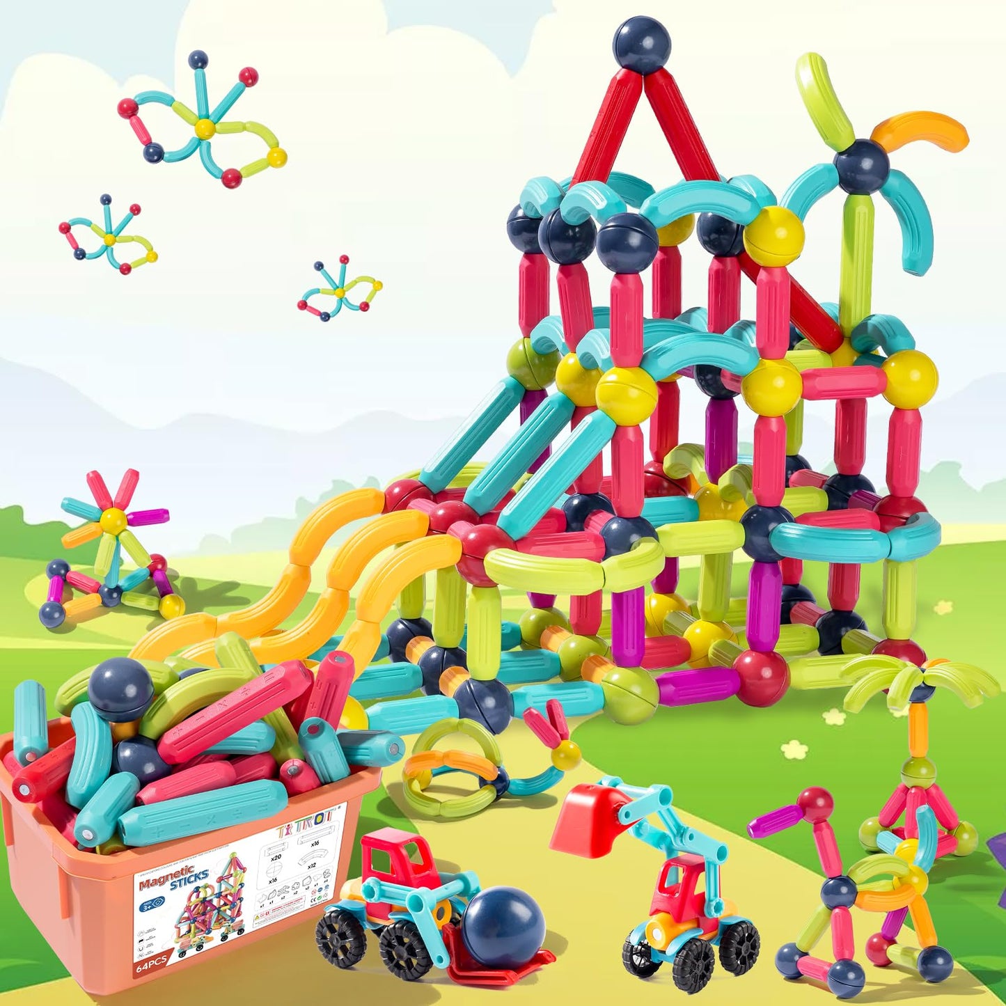 Titrot Magnetic Blocks Kids Toys, 64Pcs Magnetic Building Sticks STEM Educational Sensory Toy Preschool Learning Montessori Toys
