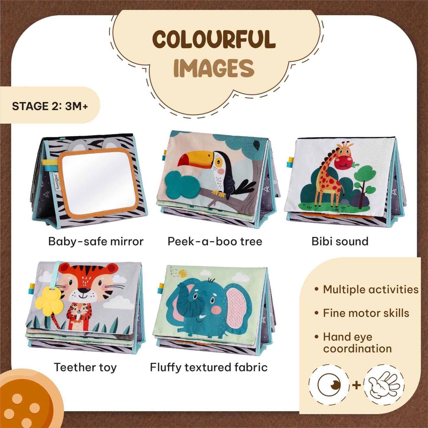 Tinitigies Tummy Time Mirror For Babies - High Contrast Book With Large Stimulating Baby Safe Mirror & Silicone Teether & Crinkl