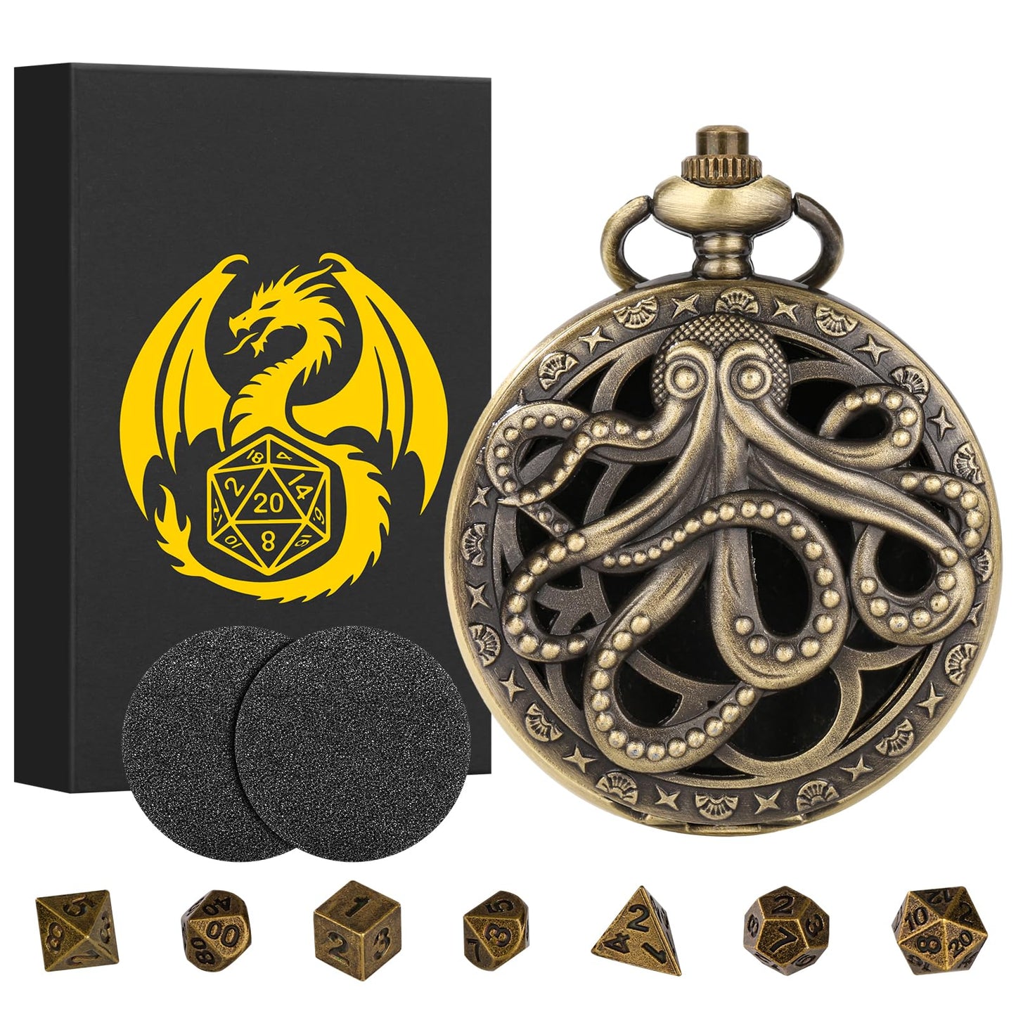 Mini DND Dice Set Steampunk Hollow Octopus Pocket Watch Shell Case, 7pcs Polyhedral Metal D&D Dice Set, DND Gifts with Gift Box