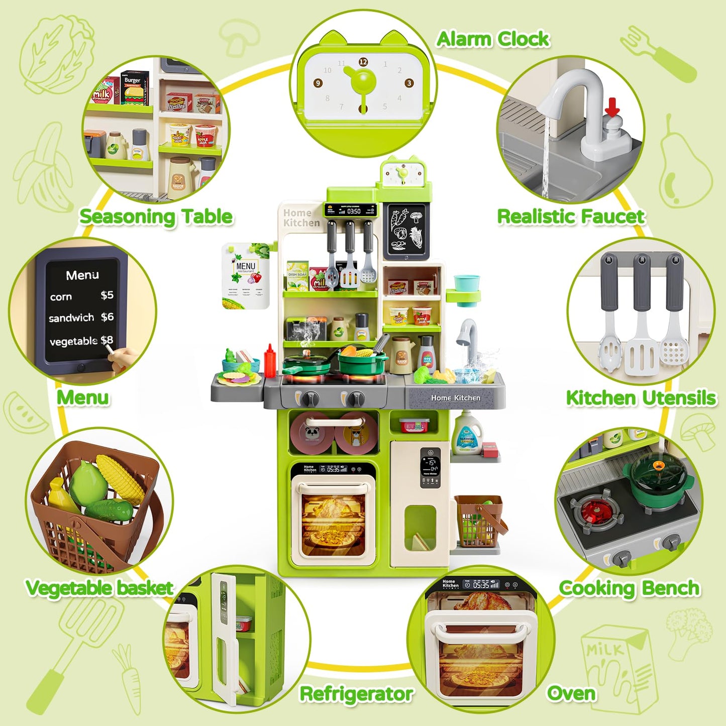 Letapapa Kids Pretend Play Kitchen Set, Kitchen Toys with Realistic Sound & Light, Cooking Stove, Sink, Play Food and Kitchen Ac