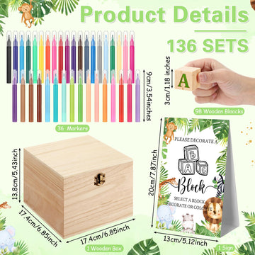 Marsui 136 Pcs Baby Shower Blocks to Decorate Game Kit Includes 98 Wooden Blocks, 36 Markers, 1 Game Sign, 1 Storage Box for Bab