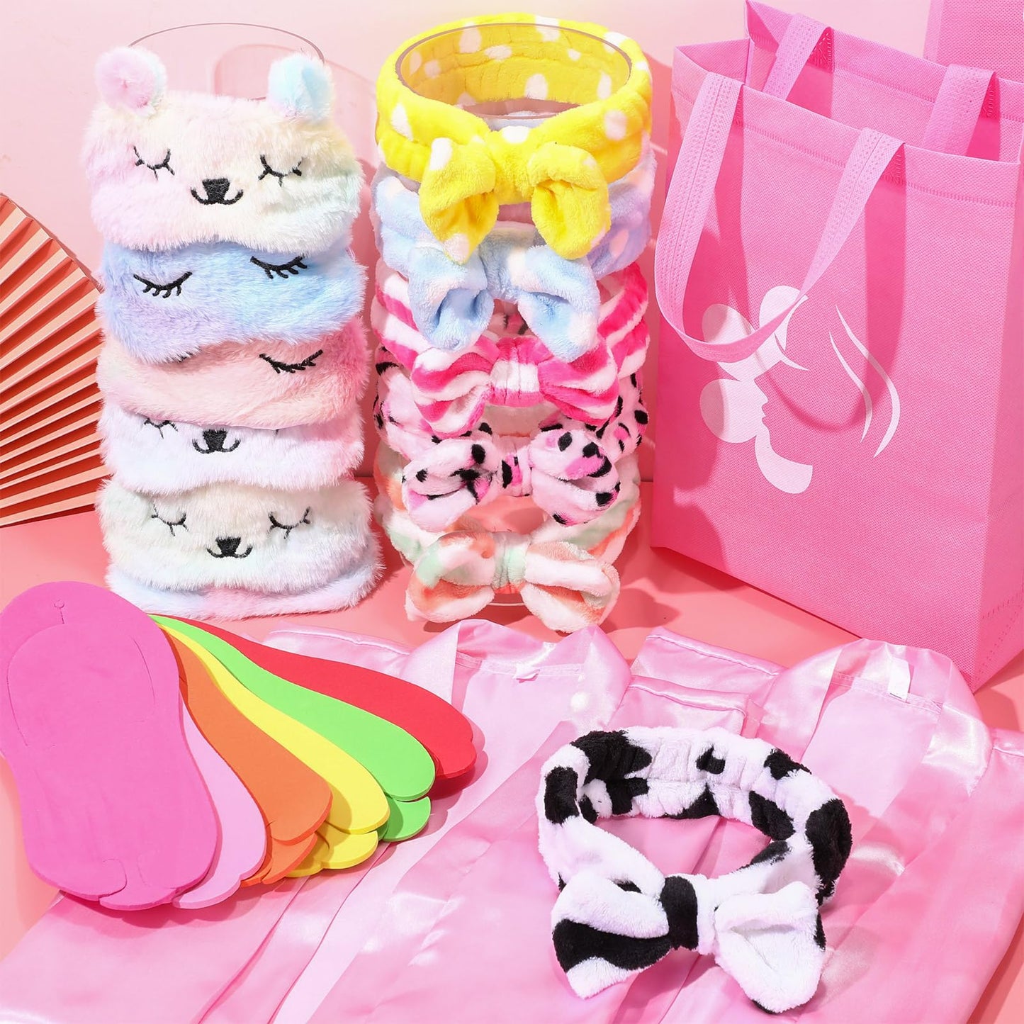 Shihanee 30 Pcs Spa Party Supplies for Girls - 6 Satin Robes & Slippers, Pink Sleepover Birthday Favors, One Size