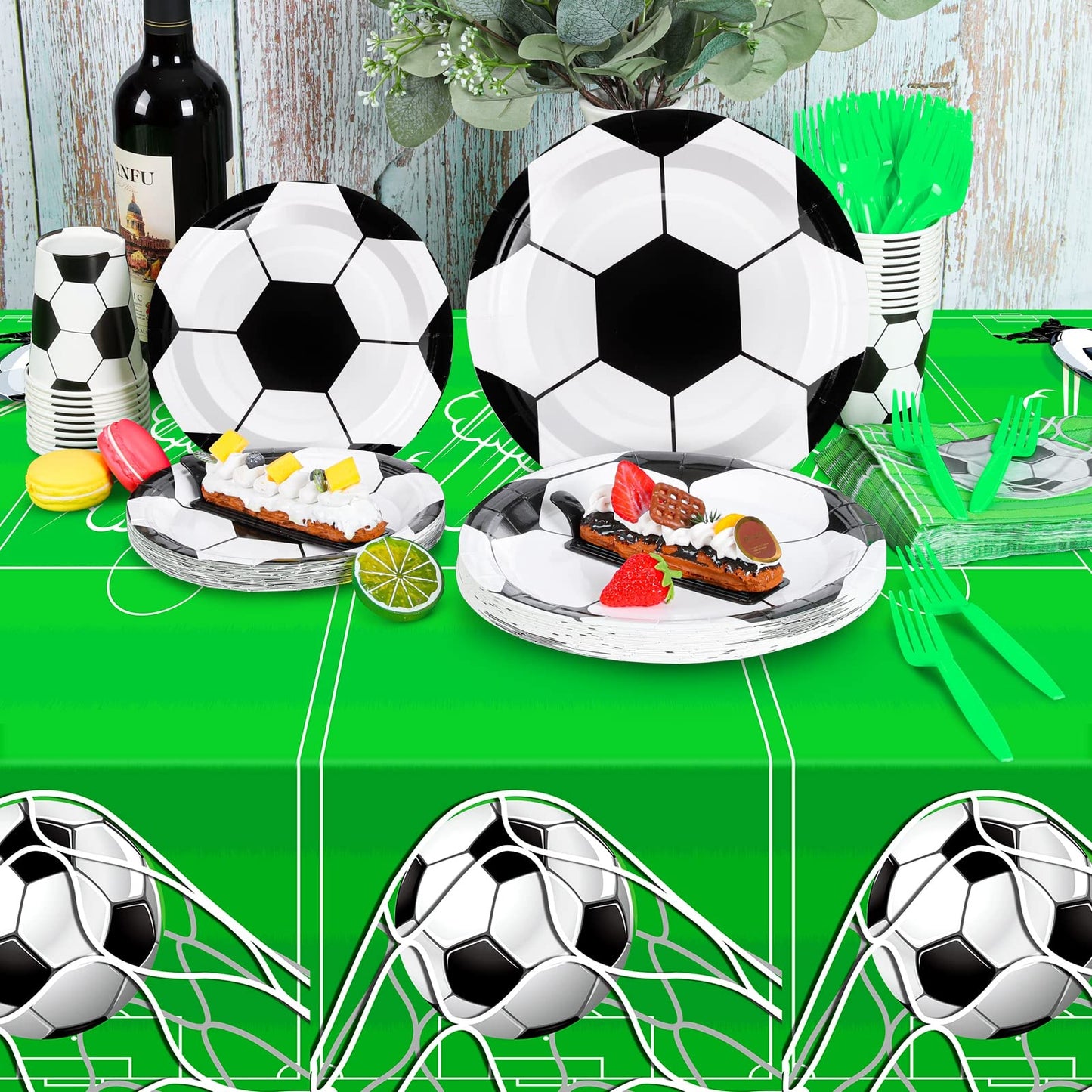 Durony 121 Pieces Soccer Party Tableware Set Include Soccer Party Plates And Napkins, Cups, Tablecloth, Forks Soccer Party Suppl