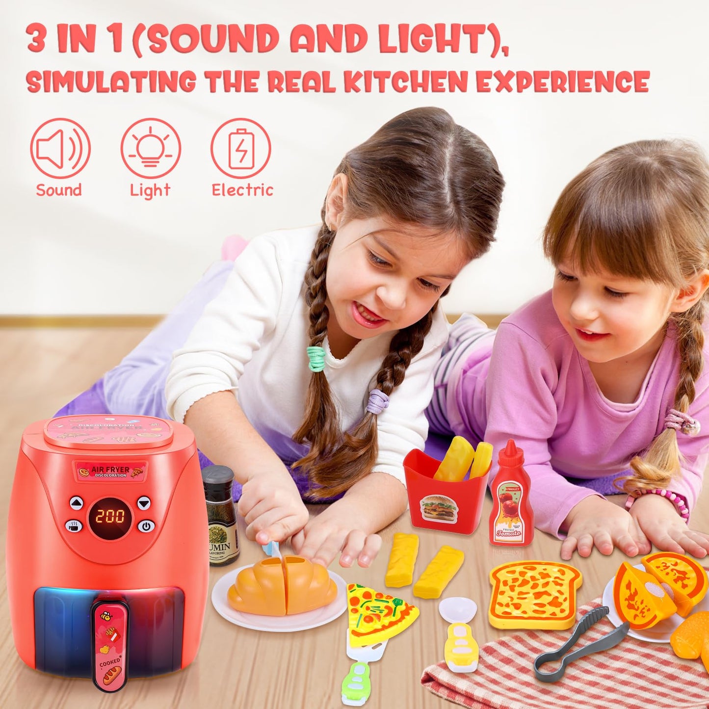 GAGAKU Toy Air Fryer Kids Play Kitchen Playset Accessories,Chefs Pretend Play Food Toys Oven with Light & Sound and Play Food Gr