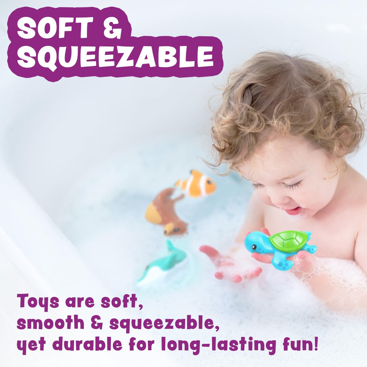 Tub Works® Marine™ Mold Free Bath Toys, 6 Pack | Sealed, No Hole Bath Toys Design Keeps Moisture Out | Soft, Squeezable & Float On Water | Easy-Grip Baby & Toddler Bath Toys | Great Baby Pool Toys