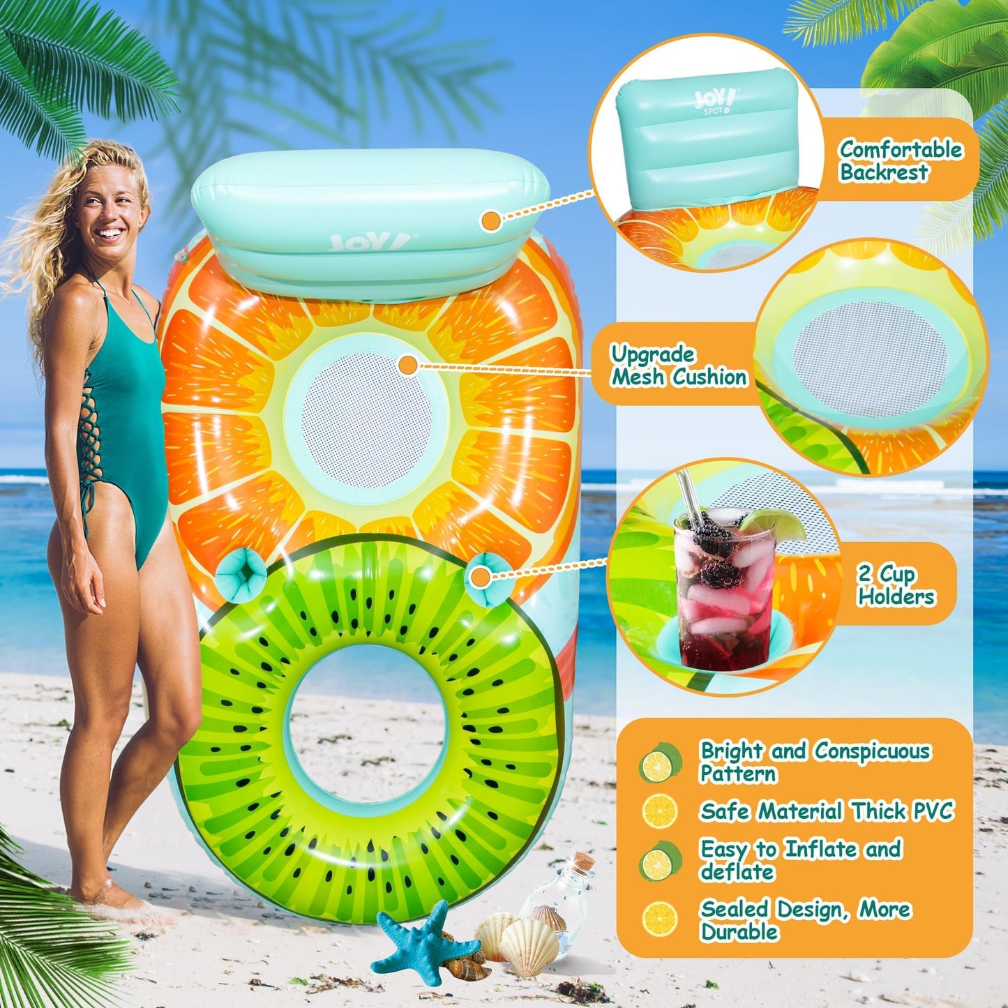 Fruit Inflatable Pool Float mature-themed - Summer Gifts for Women Kids Heavy-Duty Pool Floaties Lounger Floats Floating Chair Raft with Cup Holder Double Water Floaty Lake Tanning Float Beach Birthday Party