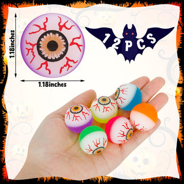 12PCS Halloween Party Favors, Glowing Bouncy Balls, Rubber Halloween Toys for Trick or Treat, 30mm Halloween Eyeballs in 6 Desig