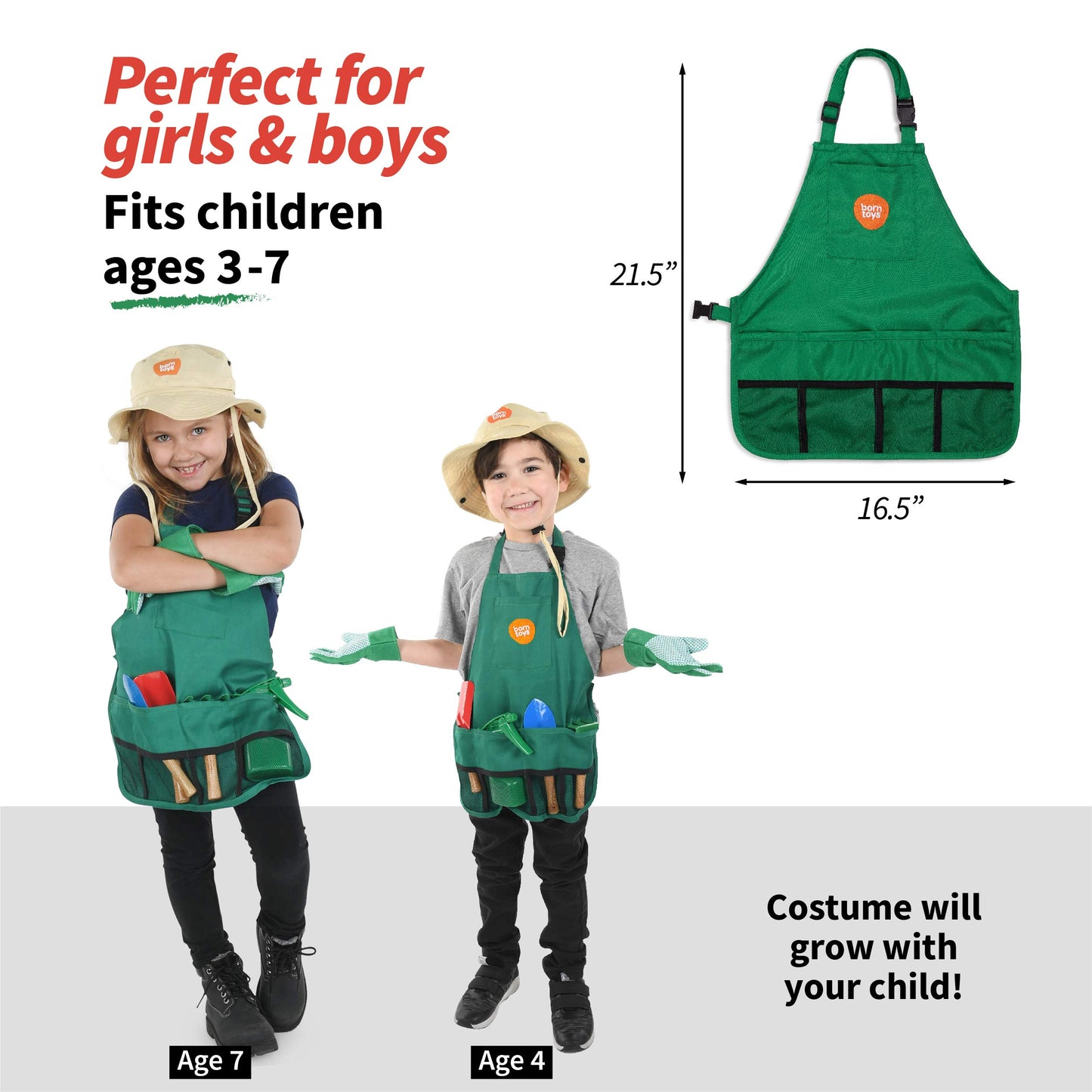 Born Toys Gardening Tool Set for Kids Ages 3-7, Assorted Color, Includes Apron, Hat, Shovel, Gloves - Fun Pretend Play Gardening Set