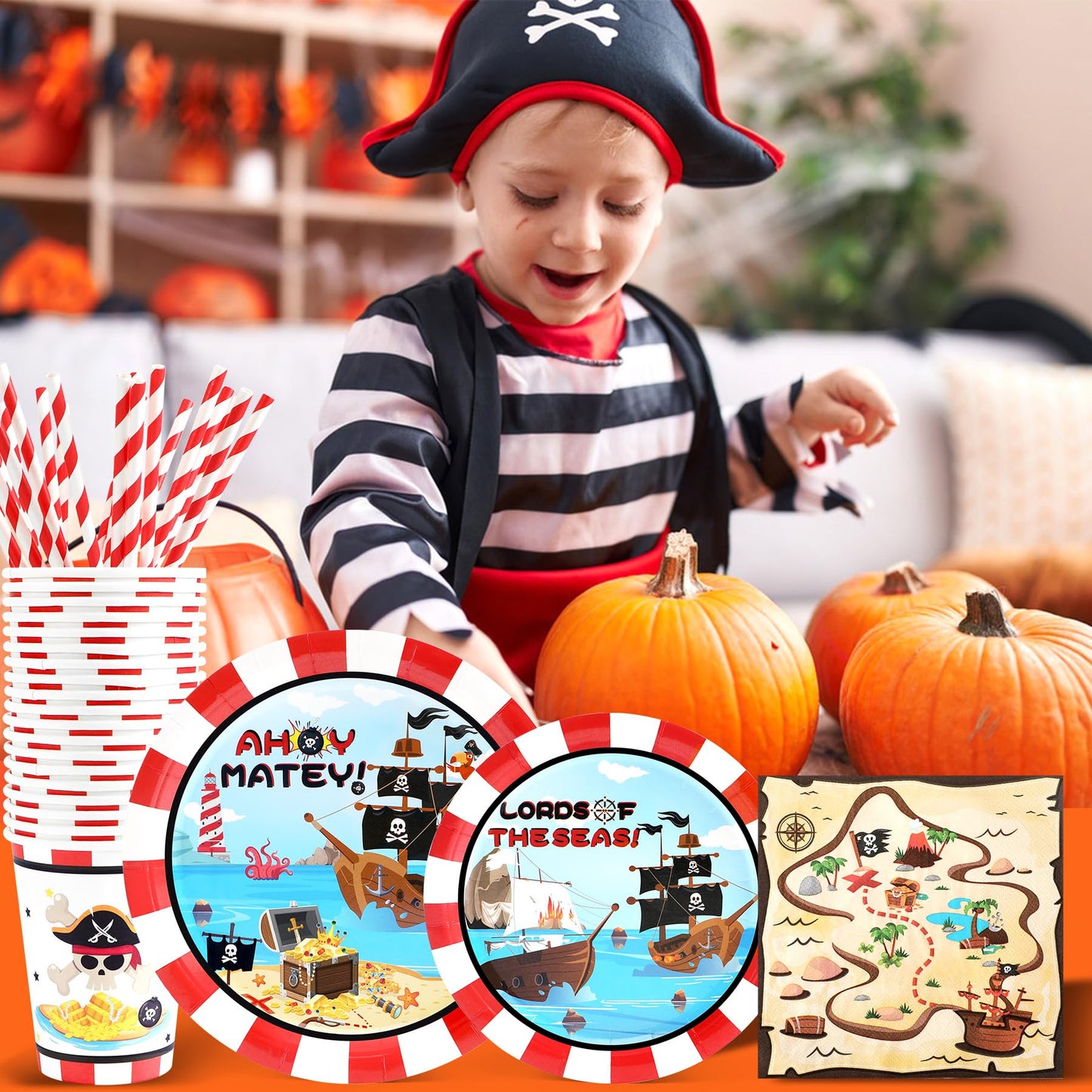 Pirate Birthday Party Supplies Decorations, Pirate Treasure Theme Paper Plates And Napkins Set With Cups And Straws For 24 Guest