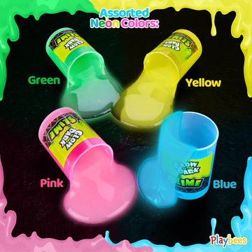 Playbees Glow In The Dark Slime - 12 Pack - Neon Blue, Green, Pink, Yellow Colors - Glowing Slime Kit For Kids - Party Favors, G