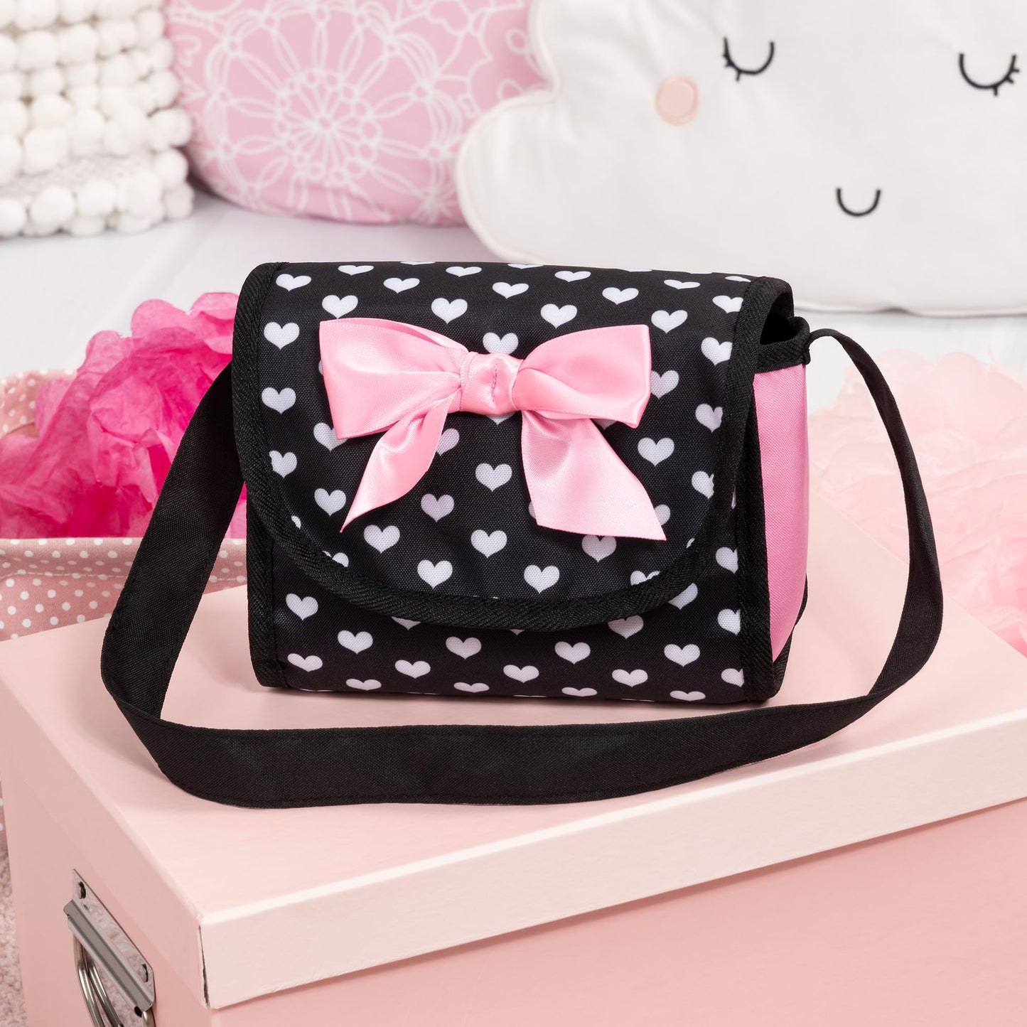 Bayer Design Dolls: Trendy Pram - Hearts Black & Pink - Includes Matching Shoulder Bag, For Dolls Up To 18'', Foldable, Kids Pre