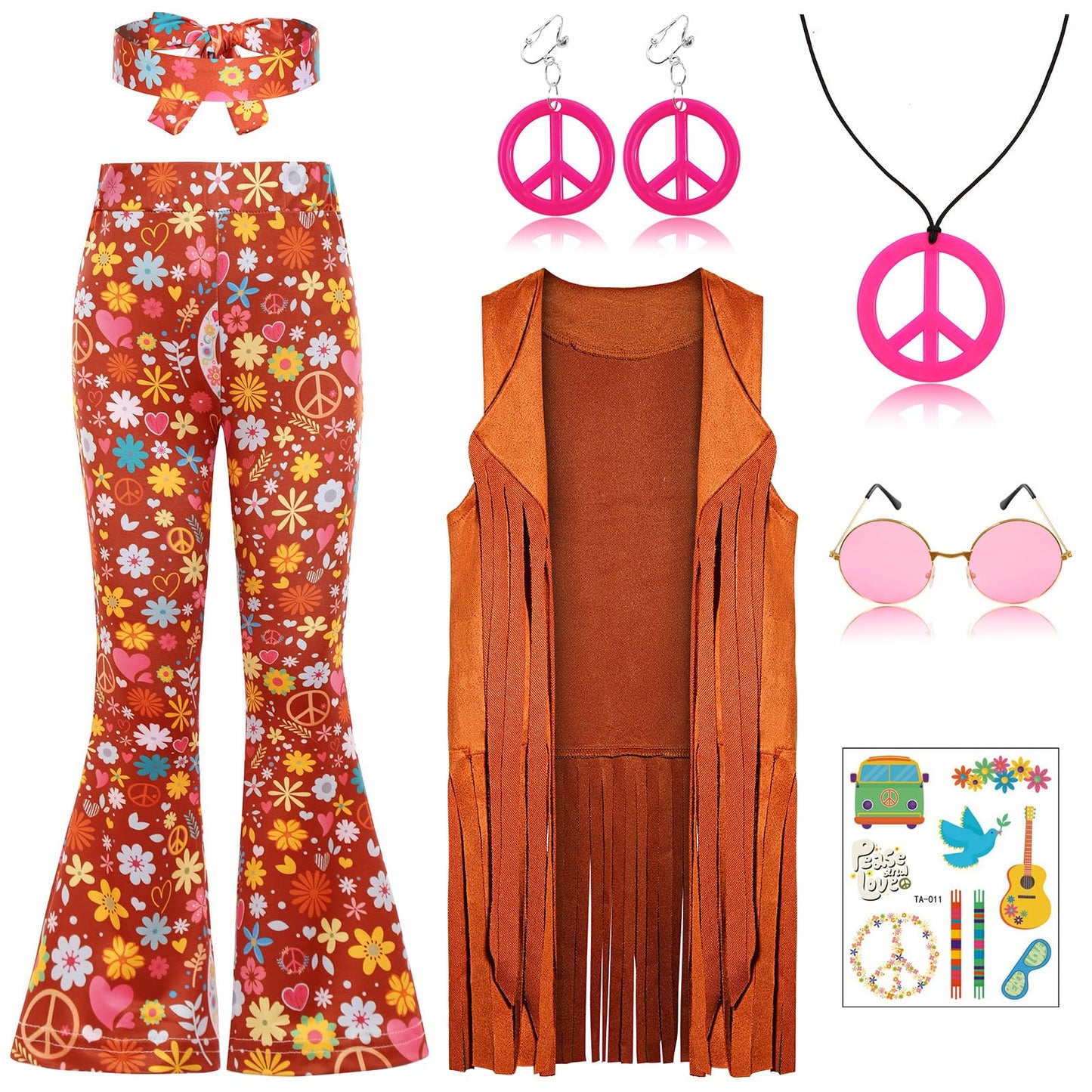 SIZGAROOT Hippie Costume for Girls Kids 60s 70s Outfits Costume Halloween Dress Up Party (Brown, 6-8 Years)