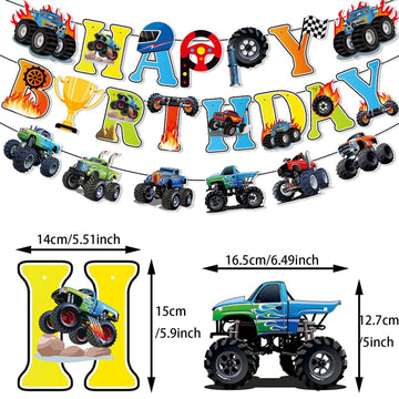 Zwiebeco Birthday Party Decoration Supplies Colorful Happy Birthday Sign Banner Trucks Off-Road Vehicles Banner Hanging Paper Ba