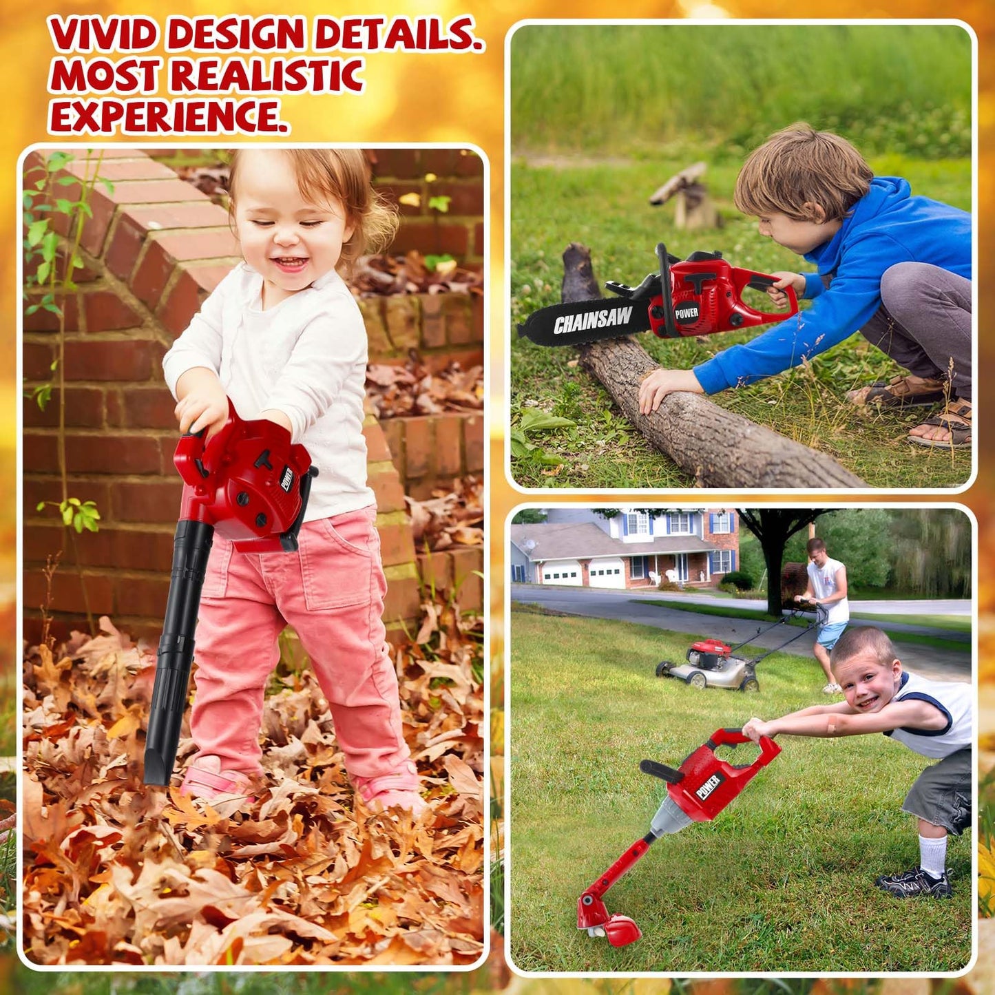 Arrowbash 3 Pcs Toy Gardening Tool Set For Kids Toy Leaf Blower Lawn Trimmer Toy Chainsaw Push Lawn Mower Pretend Play Set With