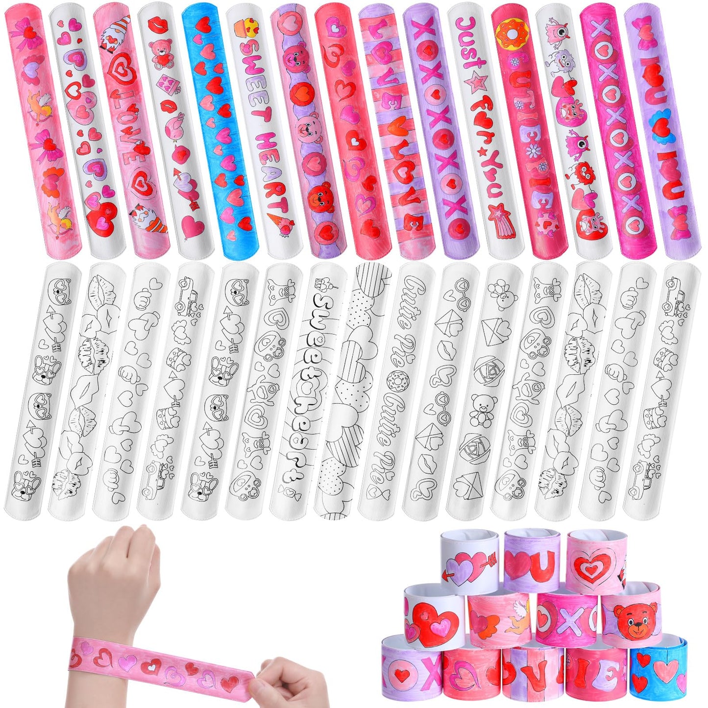 Quelay 120 Pcs Valentines Slap Bracelets Valentine's Day Crafts Color Your Own Slap Bracelets White Blank Snap Wristbands Bulk V
