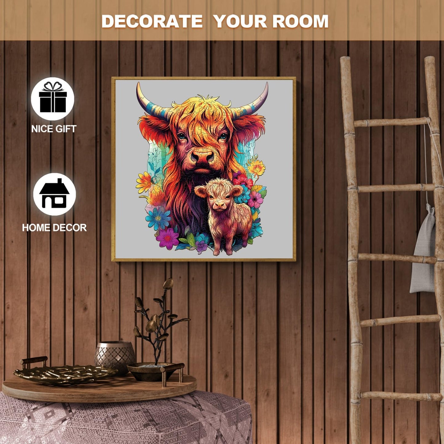 Woodbests Wooden Puzzle For Adults, Highland Cattle Family Puzzle (L, 240Pcs, 10.7'X13.3') Beautiful Wooden Box, Wooden Jigsaw Puzzles Unique Shape, Birthday Gifts For Adults And Kids Family Game