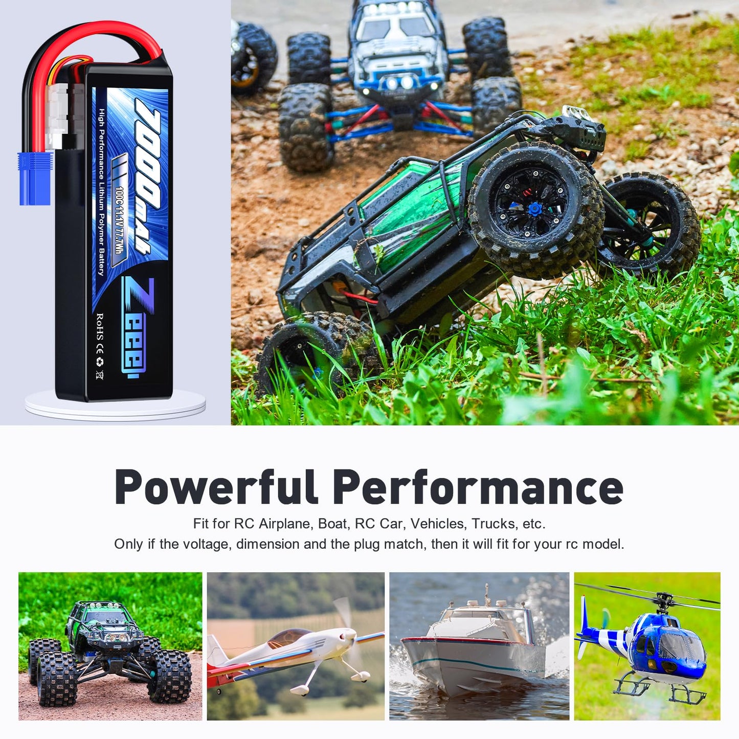 Zeee 3S Lipo Battery 7000mAh 11.1V 100C RC Batteries EC5 Connector Soft Case with Metal Plates for RC Car Truck Tank Racing Mode