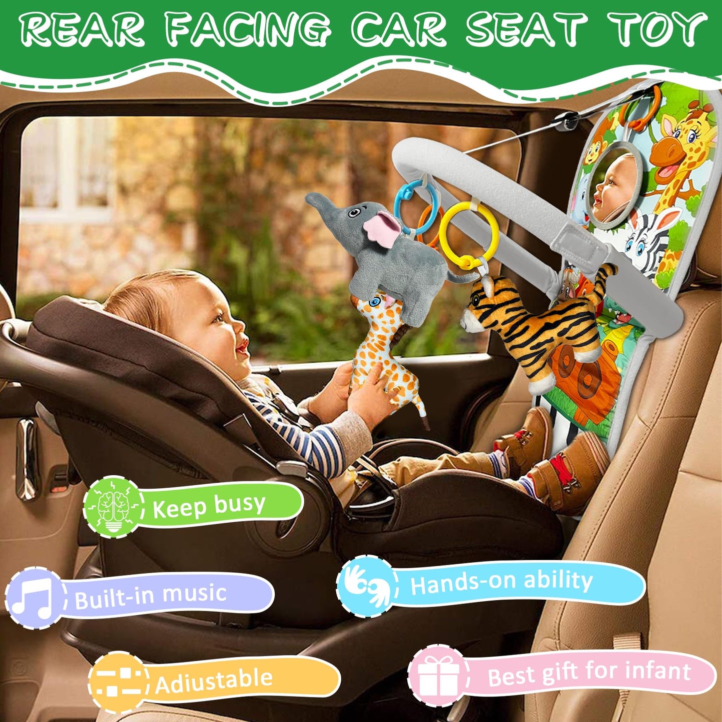 Toymni Car Seat Toys For Baby Toys 6 To 12 Months, Carseat Toys With Musical Pedal Piano, Baby Travel Toys With Baby Mirror And