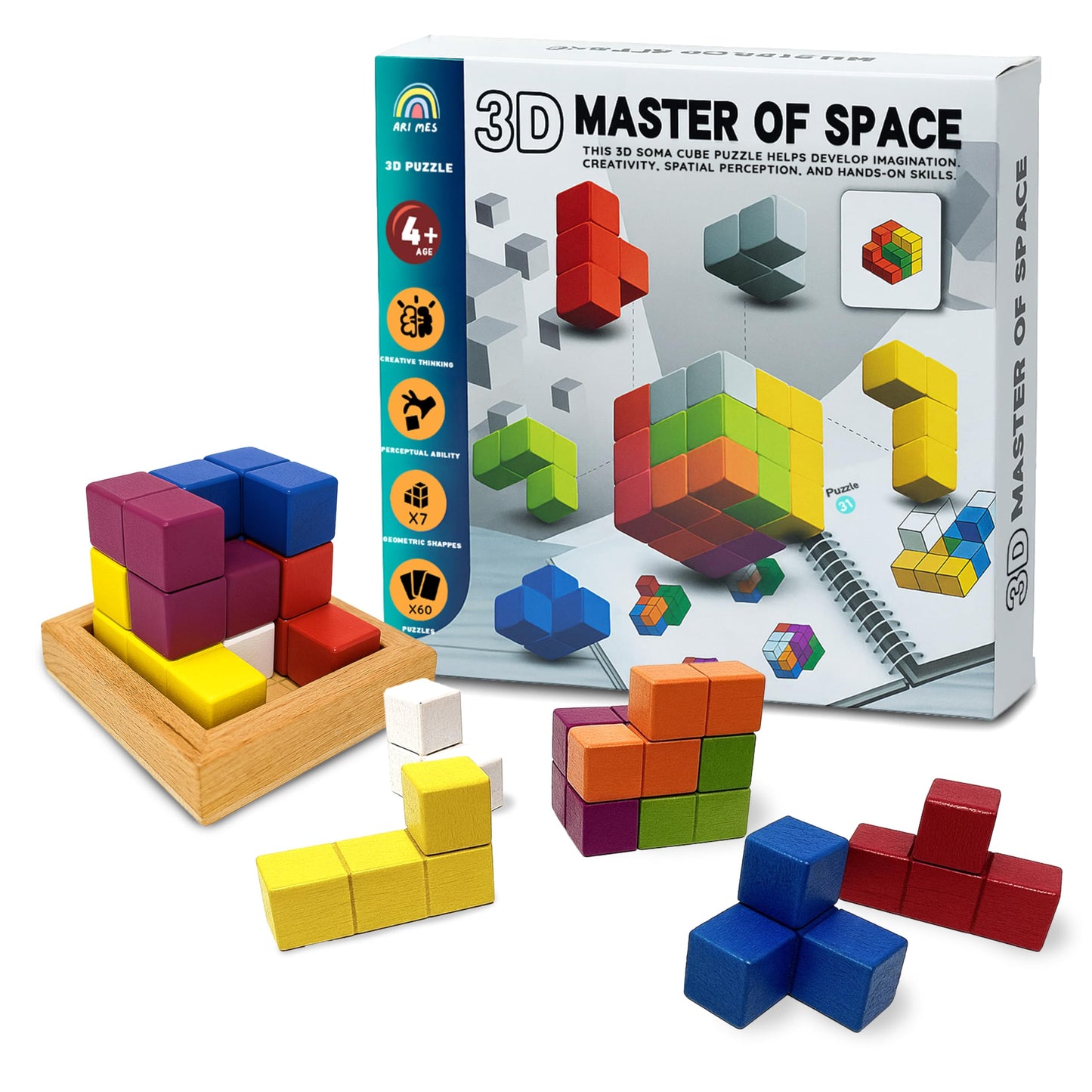 ARI MES - 3D Soma Cube Puzzle Game - Montessori Brain Teaser for Kids & Adults, Strategic Wooden Block Puzzle, Educational Mind