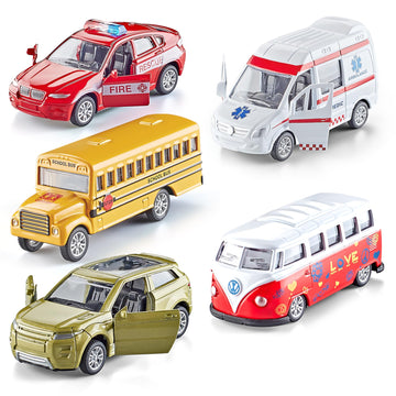 KIDAMI Die-cast Metal Toy Cars Set of 5, Openable Doors, Pull Back Cars Ambulance, Gift Pack for Kids (Official Car ?)