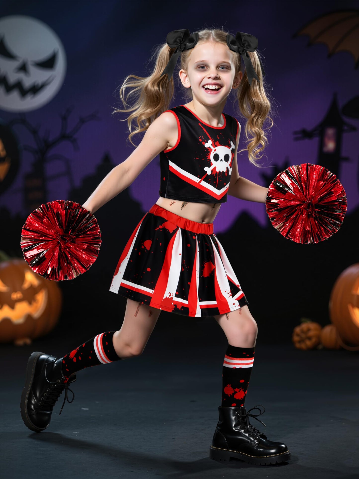 RUODON 9 Pieces Girls Halloween Cheerleader Costume Zombie Fearleader Costume Set Includes Top Skirt Socks Pompom Sticker Bow Black and Red