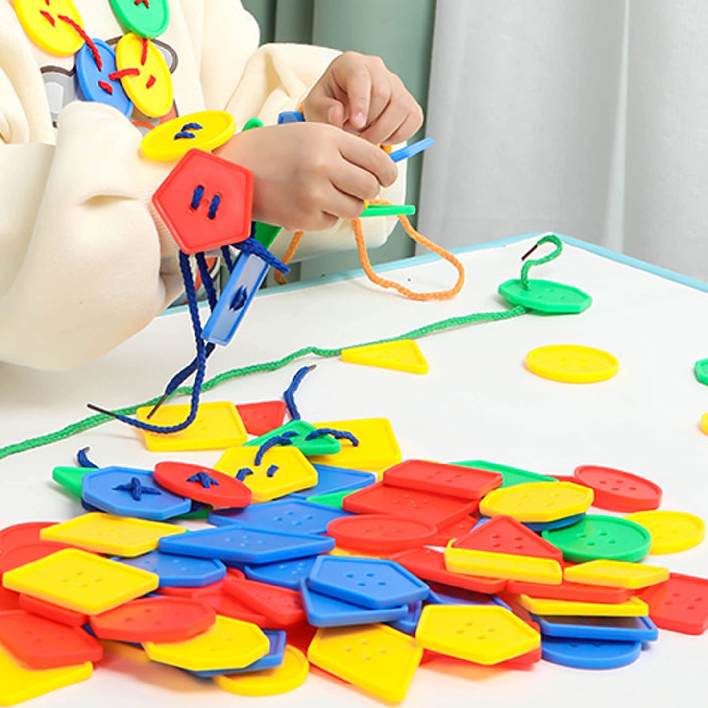 70 Pcs Montessori Lacing Threading Toy - Geometric Shaped Large Beads For Kids Crafts, Preschool Activities And Daycare Toys - A