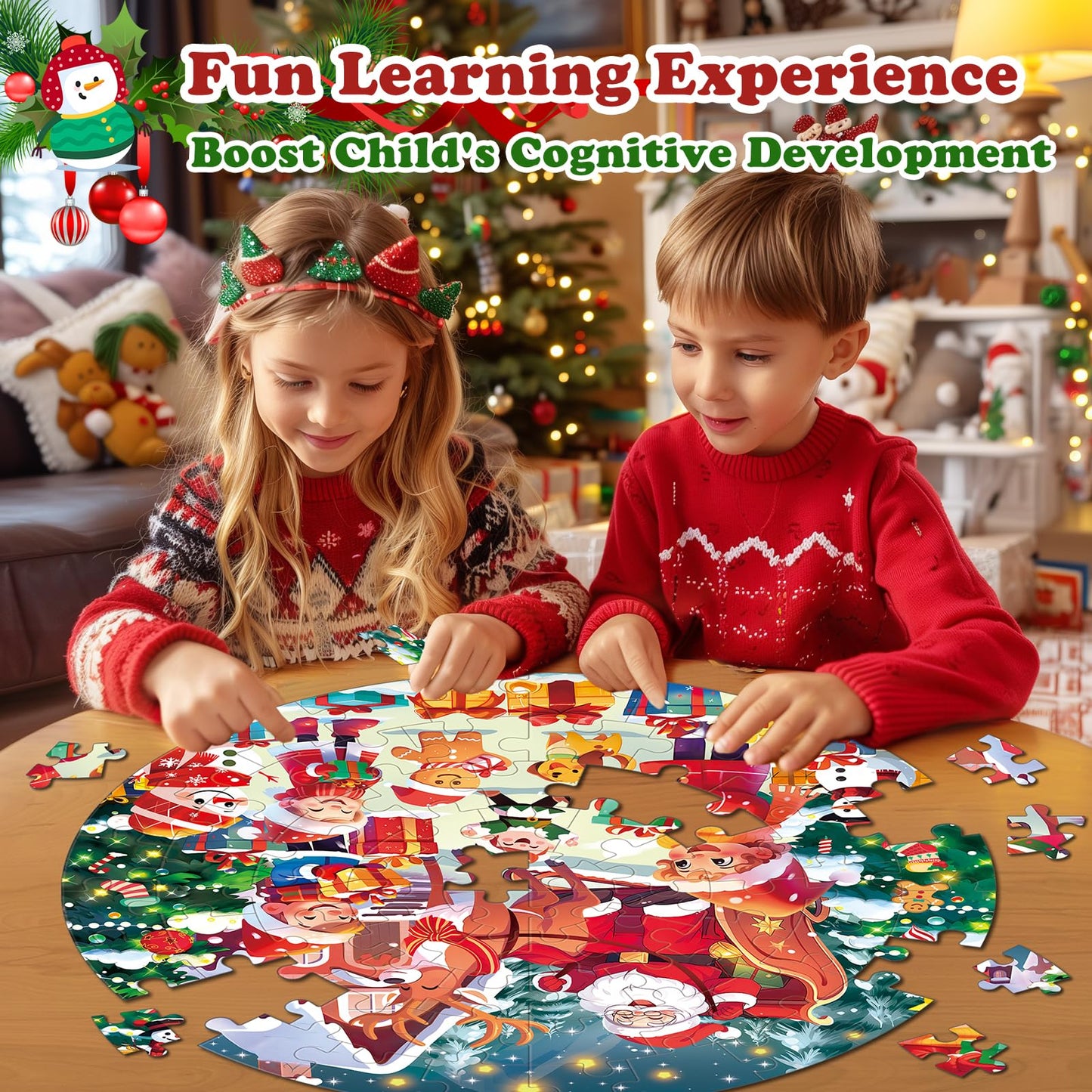 72 Pieces Shimmery Jumbo Christmas Floor Puzzle For Girls 3-5 4-6 Age Floor Puzzles For Boys And Girls Large Round Floor Jigsaw
