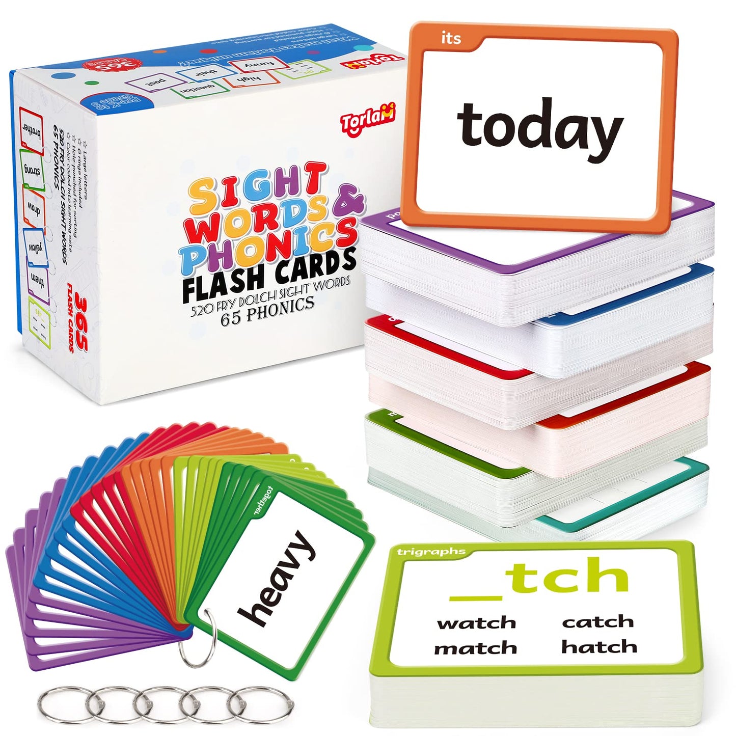 Torlam Sight Words & Phonics Flash Cards For Kids, Learn To Read Digraphs Cvc Blends Long Vowel Sounds Spelling Reading Phonics Games, Site Words For Pre-K Kindergarten 1St 2Nd 3Rd Grade Homeschool