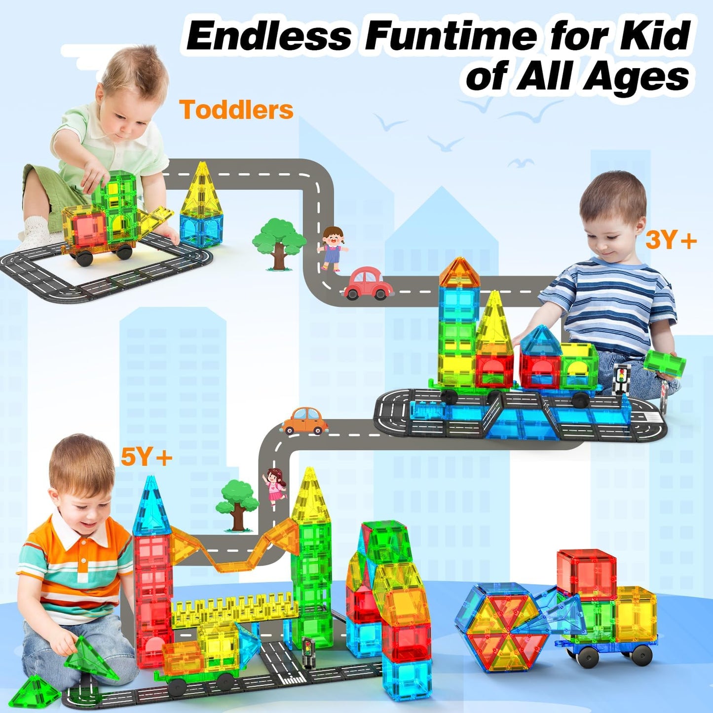 Magnetic Tiles Road Sets With Car, Magnetic Building Blocks Toys For 3+ Year Old Boys Girls, Montessori Magnet Kids Toys, Construction Toys For Ages 3 4 5 6 7 8 Christmas Birthday Gifts For Toddlers