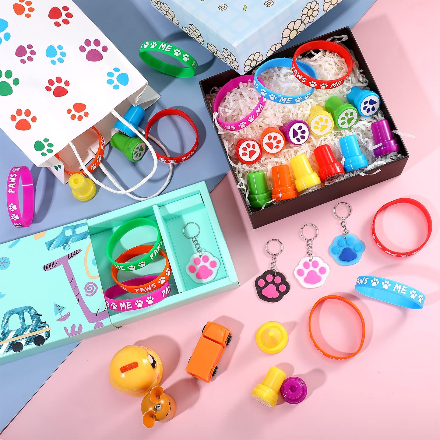 Skylety 58 Pcs Dog Paw Print Party Favors Set, Paw Print Stamps Rubber Silicone Bracelets Sticker Keychain, Puppy Birthday Party Favors Patrol Supplies, Gift Bag Stuffer (Multi Colors)