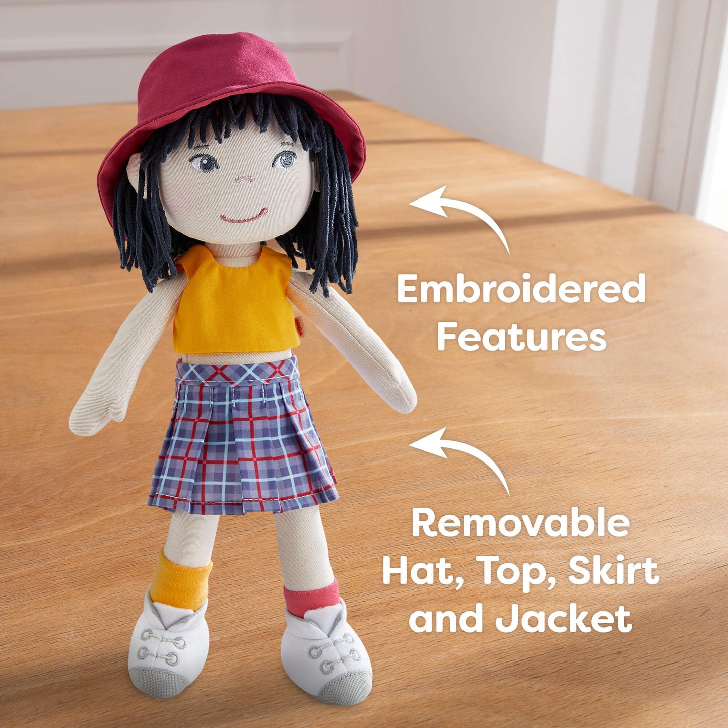 Haba 12'' Soft Doll Yuki With Black Hair, Embroidered Face, Stylish Bucket Hat And Clothes - Washable Toddler Baby Doll For 18 M