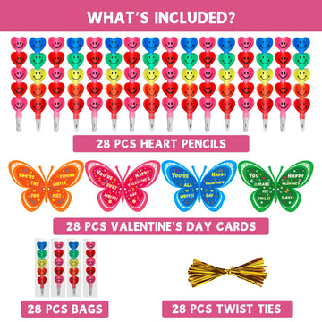 Feltom 28 Pack Valentines Day Gift Cards for Kids with Stacking Heart Pencils, Valentines Day Gifts for Kids Boys Girls, Valenti