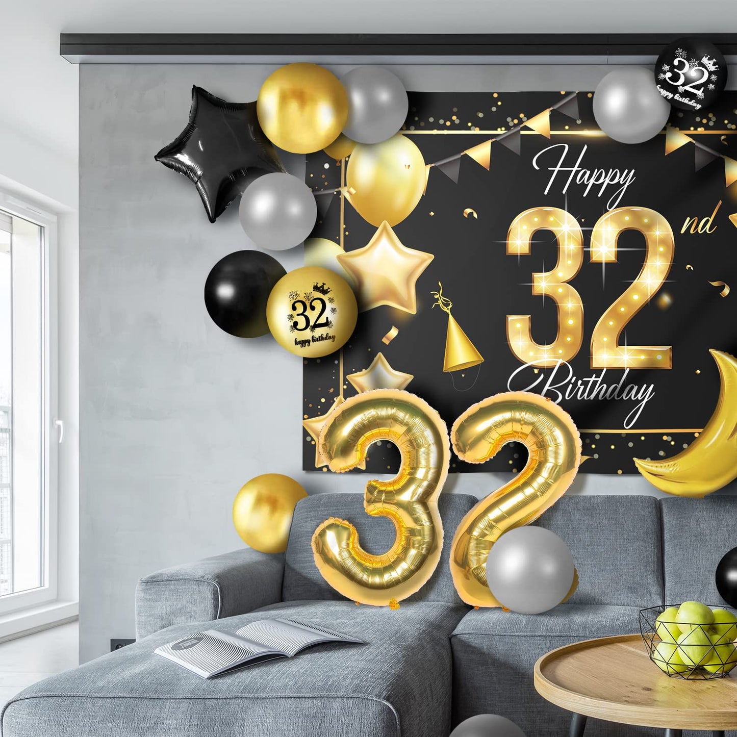 Happy 32Nd Birthday Balloons Gold Set Decor - Cheers To 32 Years Old Party Theme Garland Star Moon Banner Backdrop Decorations F