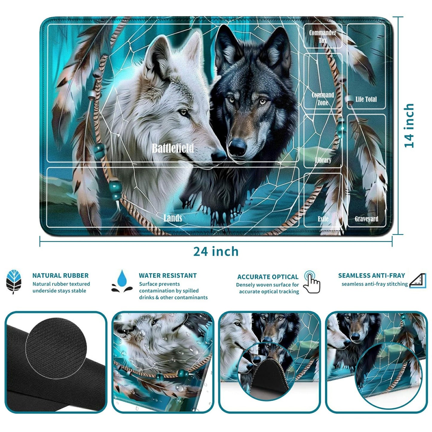 Rwutytiul Wolf Card Playmat 24 X 14 Inch With Tube Bag, Card Gameplay Playmat With Zones Commander Deck Board Mtg Rpg Ccg Tcg Ca
