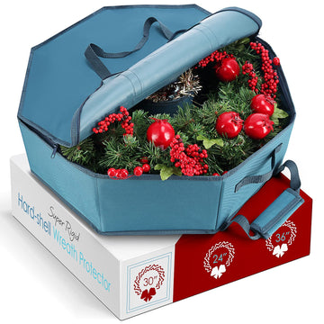 Hearth & Harbor Wreath Storage Container - 30" Hard Shell Bag with Dual Zipper & Handles - Blue - Model VDS-HHHS12-30