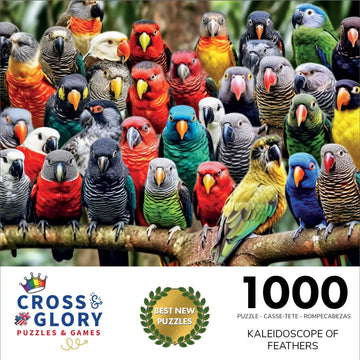 Cross & Glory 1000 Piece Jigsaw Puzzle - Kaleidoscope of Feathers, Large Size, Durable Cardboard, Unique Bird Artwork
