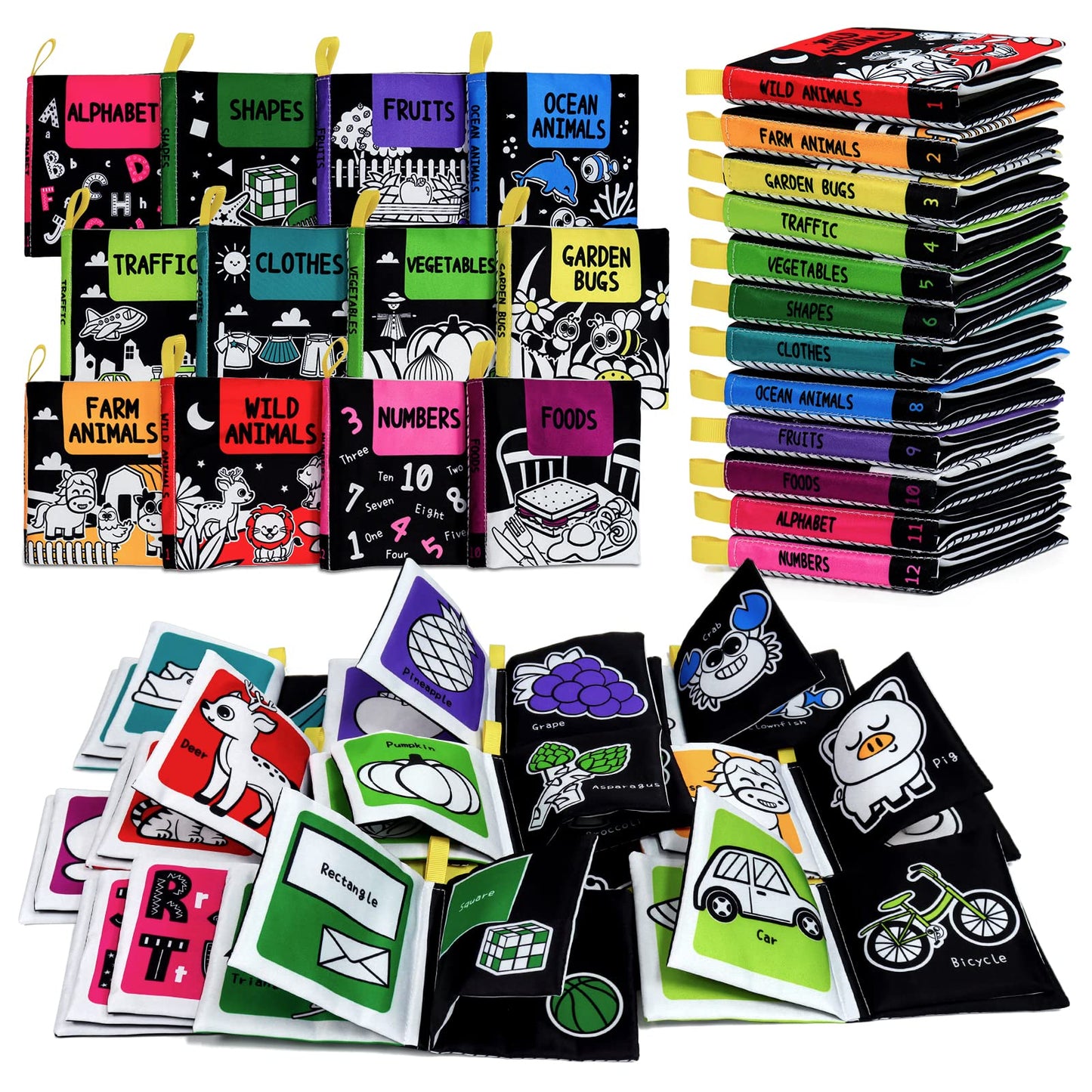 Okooko Soft Baby Books Black And White High Contrast 12Pcs Soft Cloth Books Bath Books Crinkle Washable Non-Toxic Early Education Preschool Learning Toy For Newborns Babies Infants Toddlers Kids