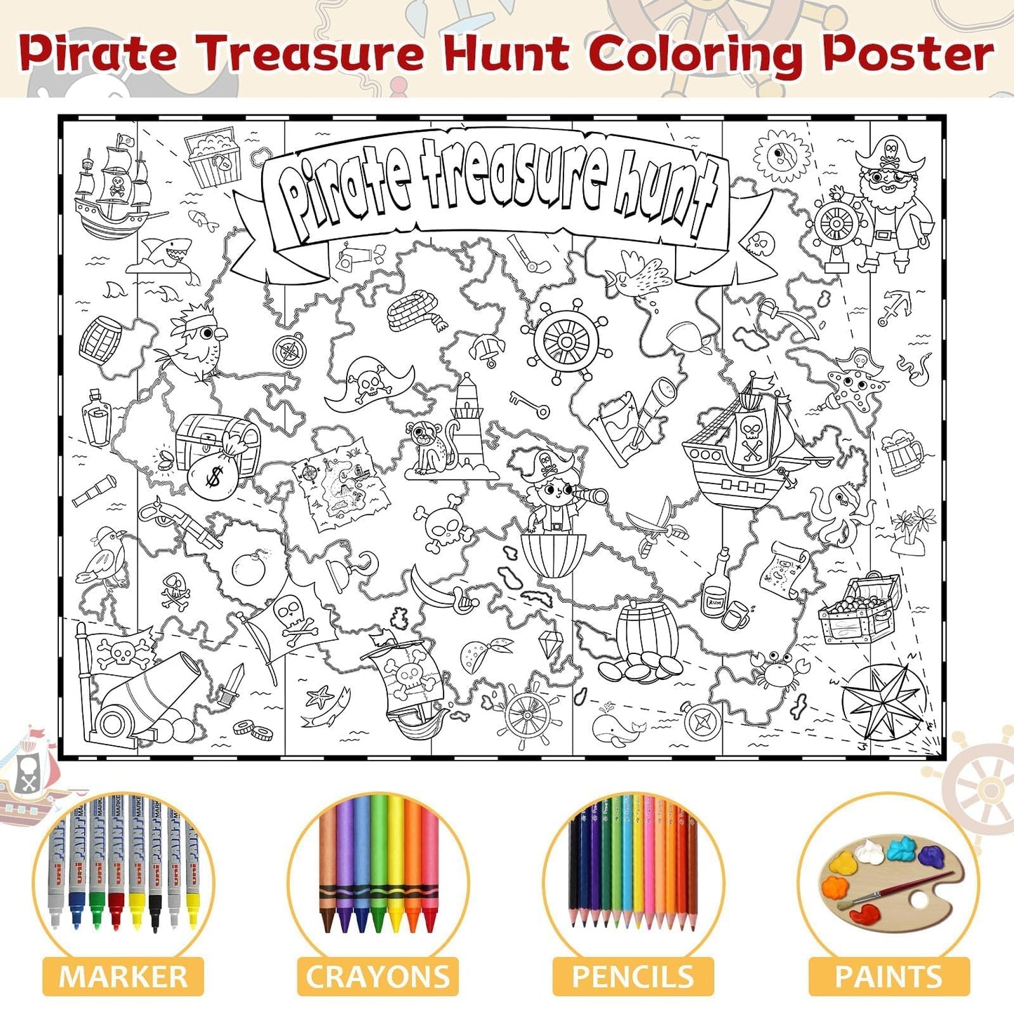 Naozinebi Pirate Coloring Poster For Kids Giant Coloring Poster Large Treasure Hunt Coloring Tablecloth Jumbo Coloring Books For