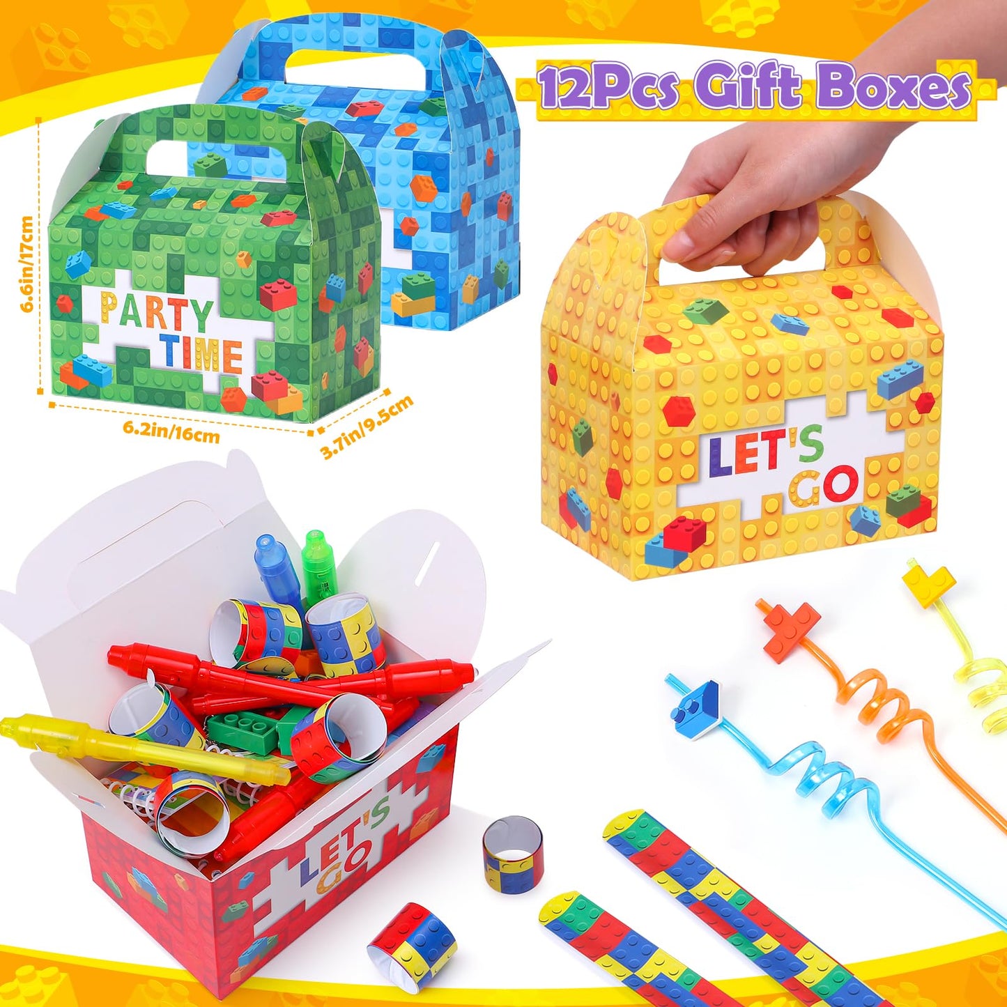 Keleno 76 Pcs Building Block Birthday Party Favors Supplies Invisible Ink Pen Notebook Straw Box Goodie Bag Stuffer Kids Boys To